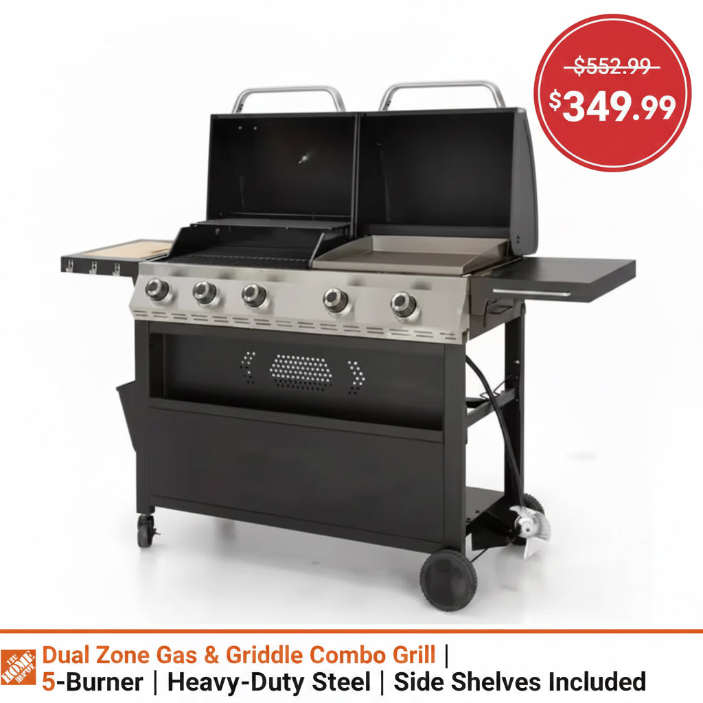 PHI VILLA 5-Burner Propane Gas Grill and Griddle Combo in Black with Cooking Grates and Plate