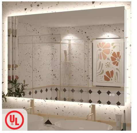 Apmir 48in. W x 32in. H Rectangular Frameless UL Certified LED Backlited Anti-Fog Tempered Glass Wall Bathroom Vanity Mirror