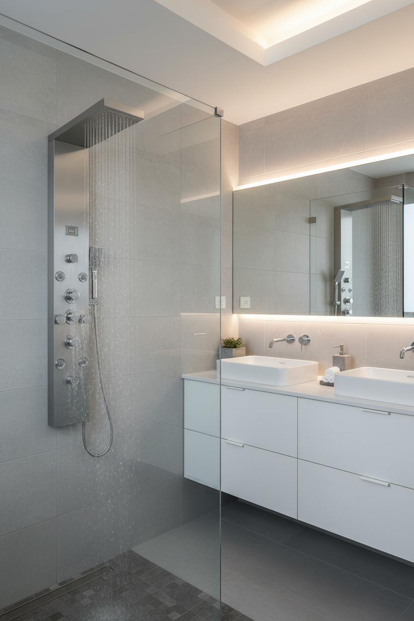 BYH build your home 8-Jet Rainfall Shower Panel System Tower with Rainfall Waterfall Shower Head Hand Shower Wand Tub Spout in Chrome Nickel