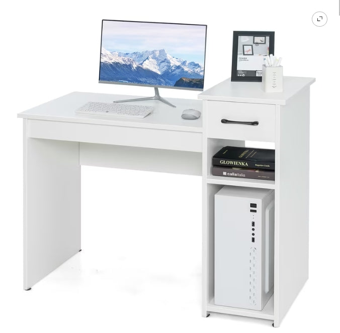 Costway Home Office Computer Desk White Study Desk Laptop Table with Drawer & Storage Shelf