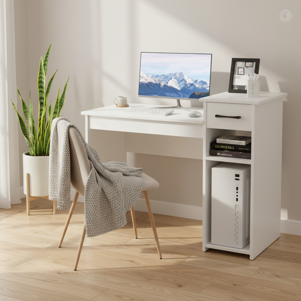 Costway Home Office Computer Desk White Study Desk Laptop Table with Drawer & Storage Shelf
