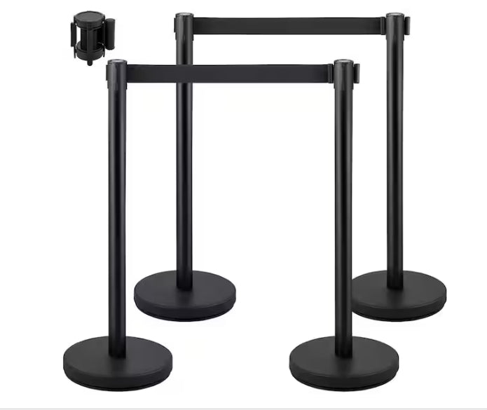 VEVOR Crowd Control Stanchion Set of 4 Pieces 6.6 ft. Black Retractable Belt Steel Stanchion Post with Metal Base, Black