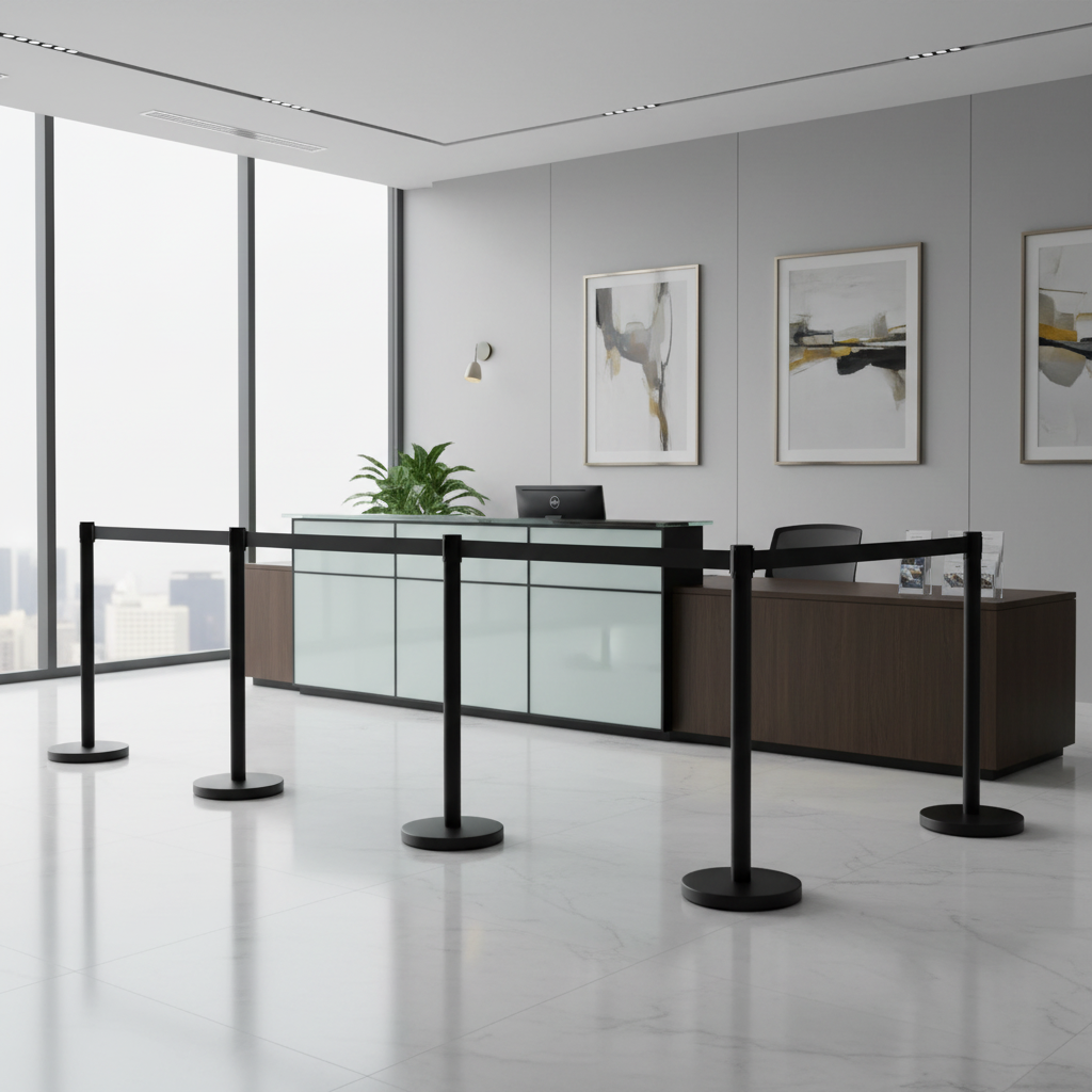 VEVOR Crowd Control Stanchion Set of 4 Pieces 6.6 ft. Black Retractable Belt Steel Stanchion Post with Metal Base, Black