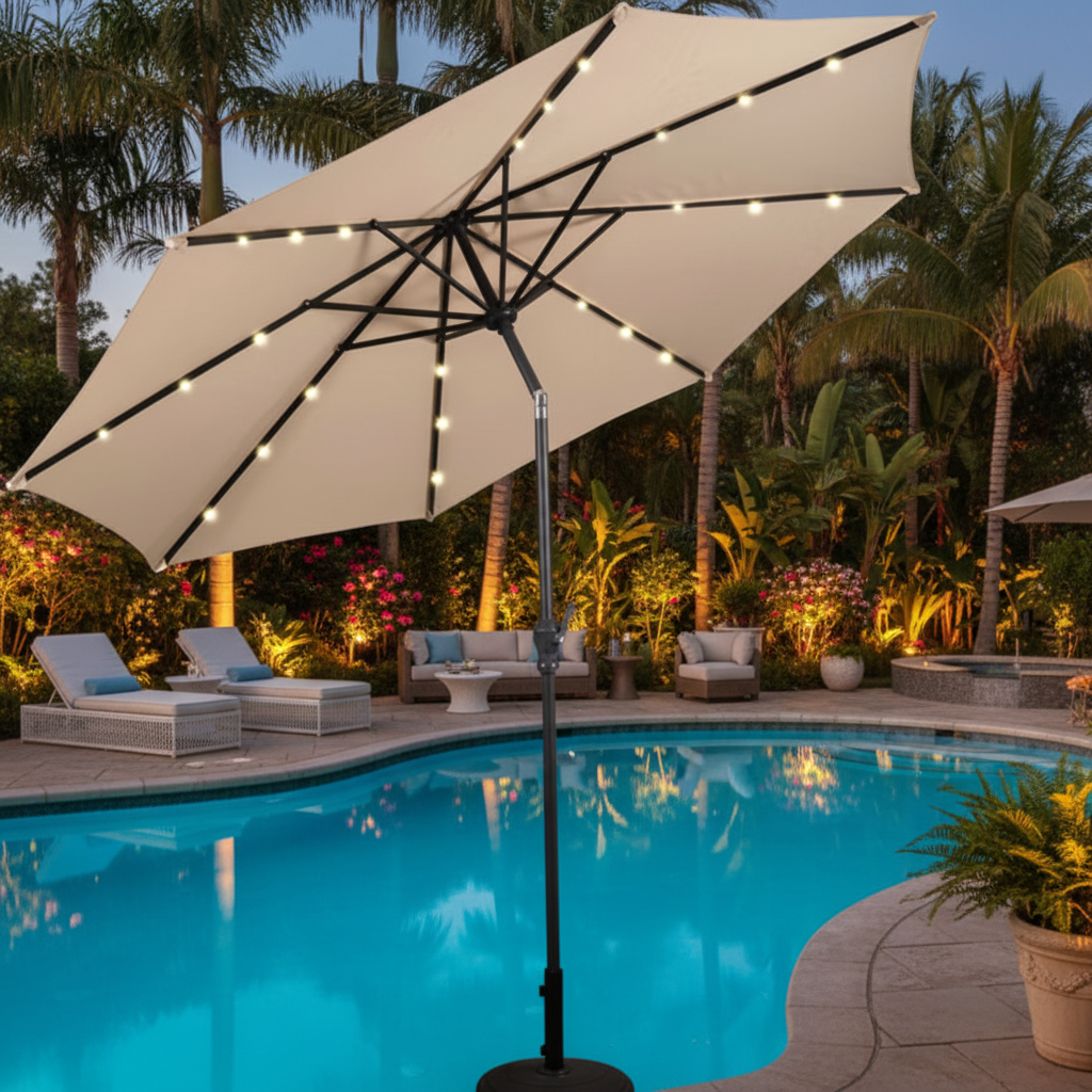 Costway 10ft Patio Solar Umbrella LED Patio Market Steel Tilt w/ Crank Outdoor Beige