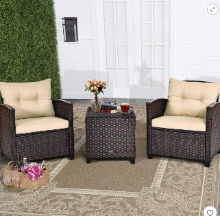Costway 3PCS Patio Rattan Furniture Set Cushioned Conversation Set Sofa Coffee Table Beige