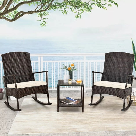 Costway 3 Piece Patio Rocking Set Wicker Rocking Chairs with 2-Tier Coffee Table Off White