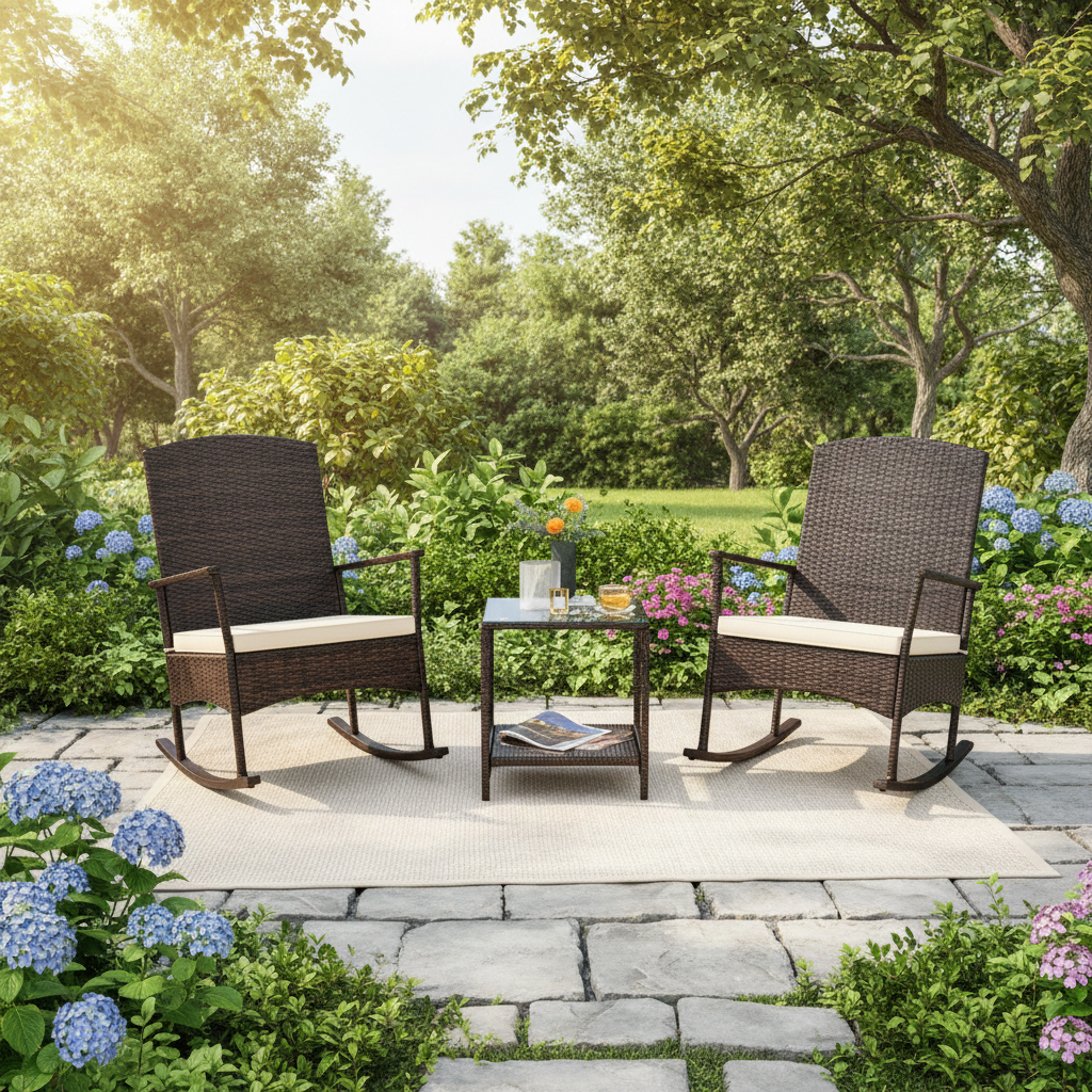Costway 3 Piece Patio Rocking Set Wicker Rocking Chairs with 2-Tier Coffee Table Off White