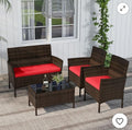 Costway 4PCS Outdoor Patio Rattan Furniture Set Table Shelf Sofa W/ Red Cushions