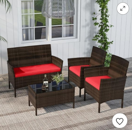 Costway 4PCS Outdoor Patio Rattan Furniture Set Table Shelf Sofa W/ Red Cushions