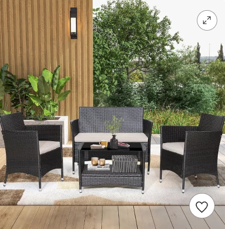 Costway 4PCS Patio Rattan Furniture Set Armrest Cushion Sofa Coffee Table withShelf Garden