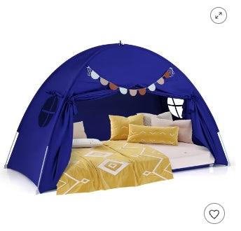 Costway Twin Full Size Bed Tent w/2 Windows Flags for Boys & Girls Aged 3+ Years Old Navy