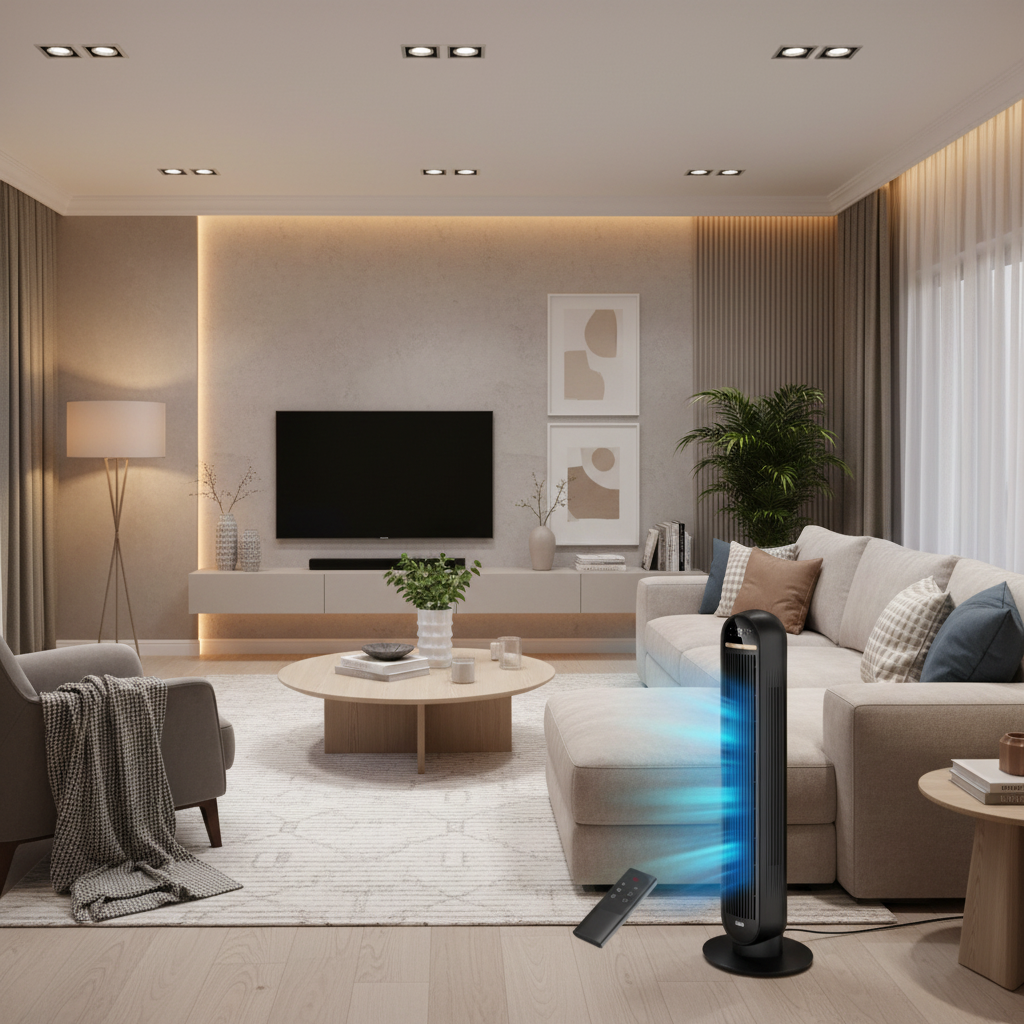 Essential 36 in. 4 fan speeds Tower Fan in Black with Remote, 90° Oscillation and 8-Hour Timer