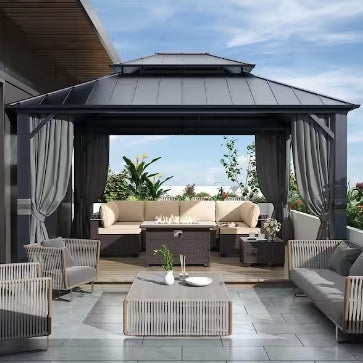 Halmuz 12 ft. x 14 ft. Gray Hardtop Gazebo with Curtain Grey