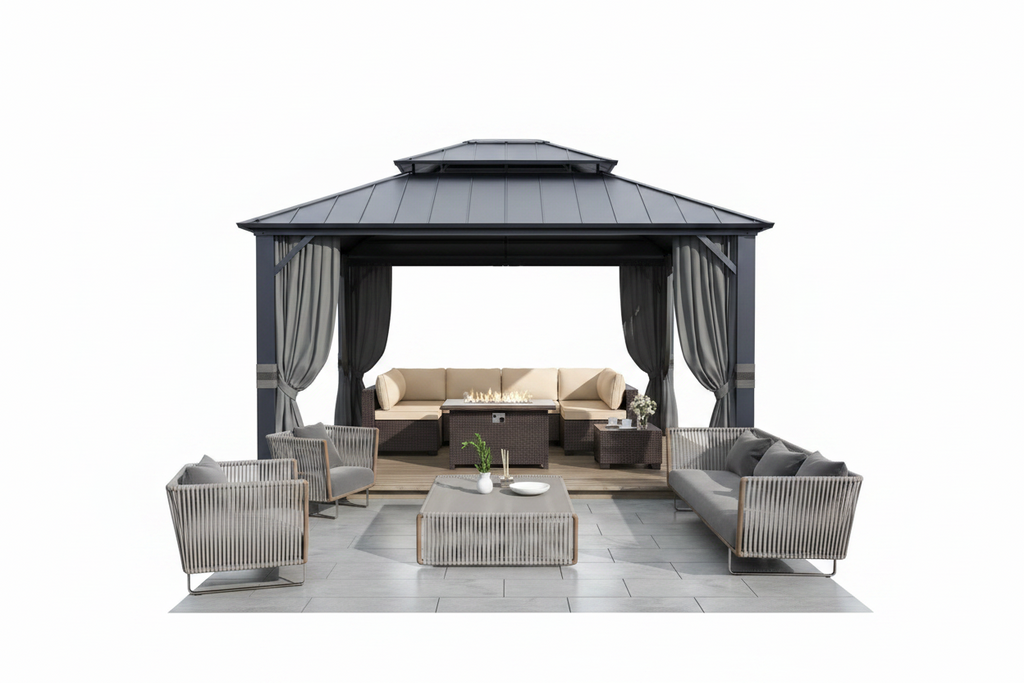 Halmuz 12 ft. x 14 ft. Gray Hardtop Gazebo with Curtain Grey