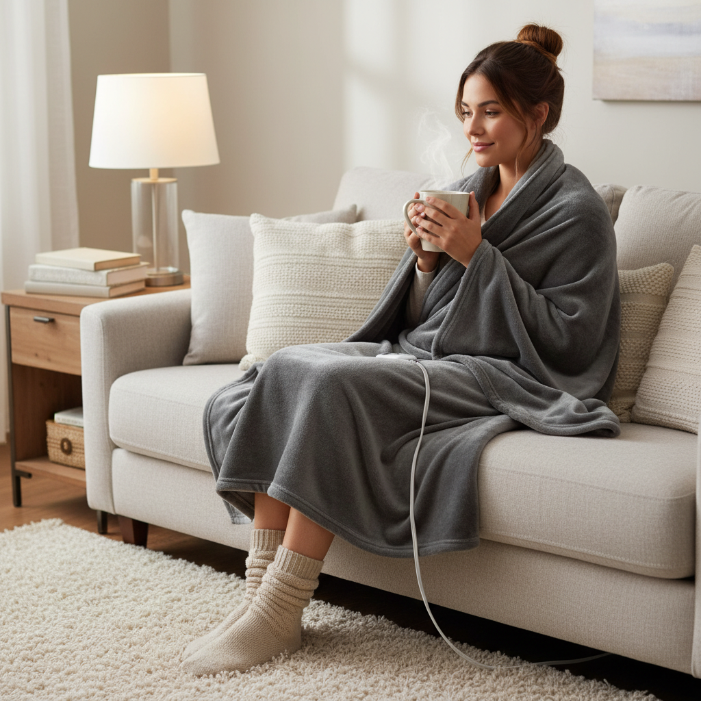 HANDY HEATER 50 in. x 60 in. Heated Throw Blanket with 5 Heat Settings in Grey