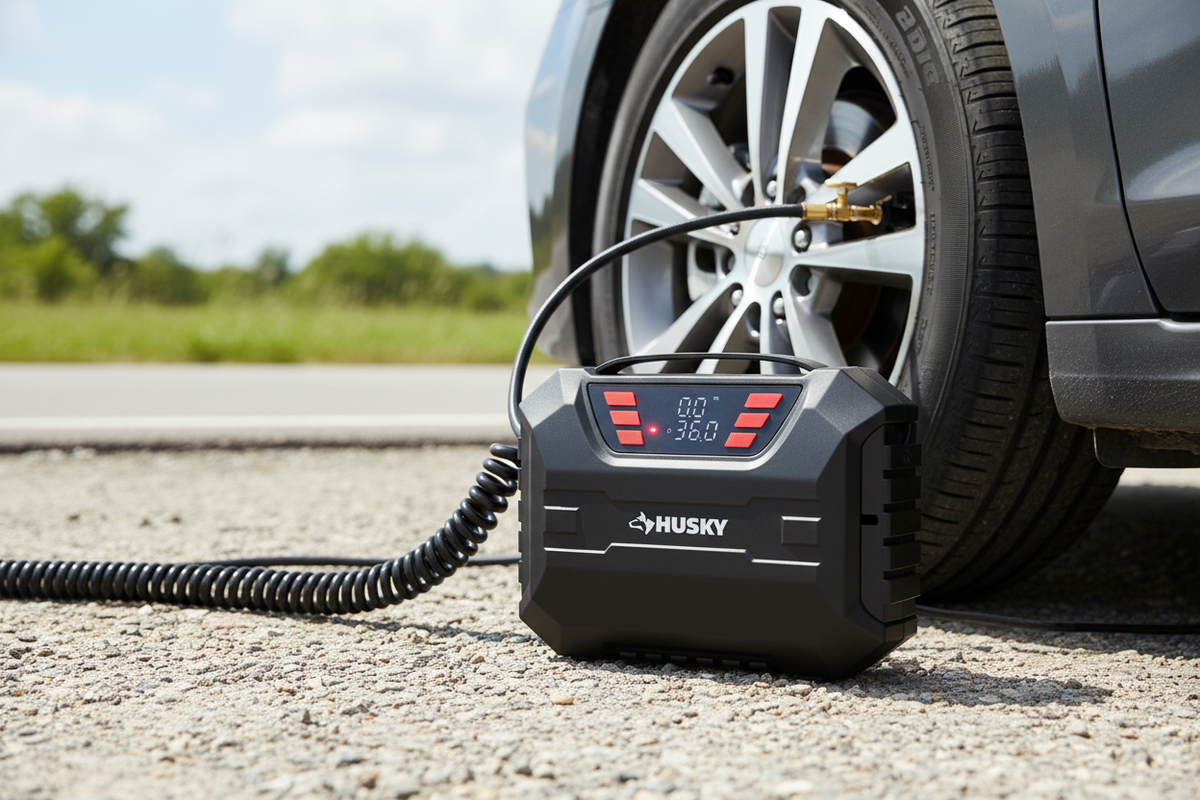 Husky 12-Volt DC Compact Quick Flow Air Compressor Air Pump Inflator with Digital Pressure Gauge, LED Light and Auto Shut Off