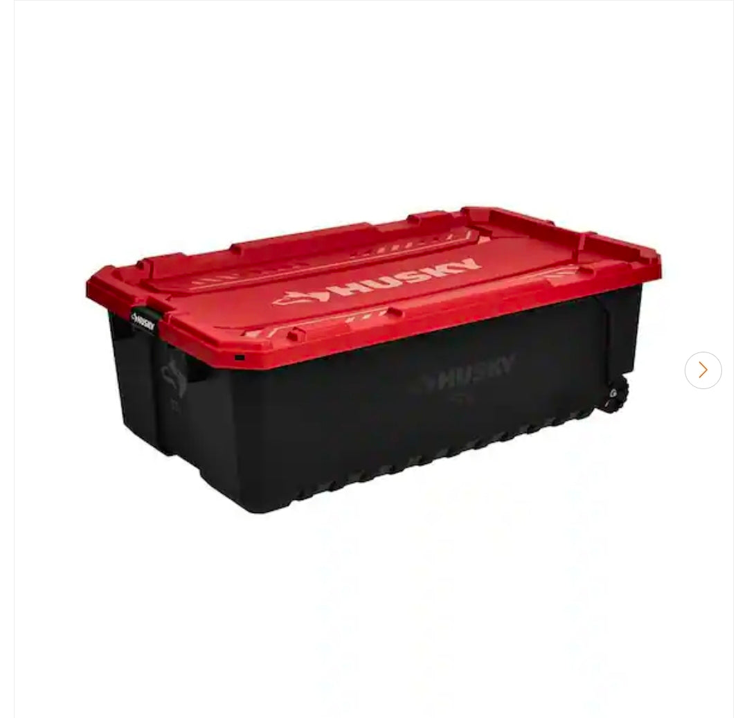 Husky 57 Gal. Pro Grip Storage Tote with Wheels in Black with Red Lid