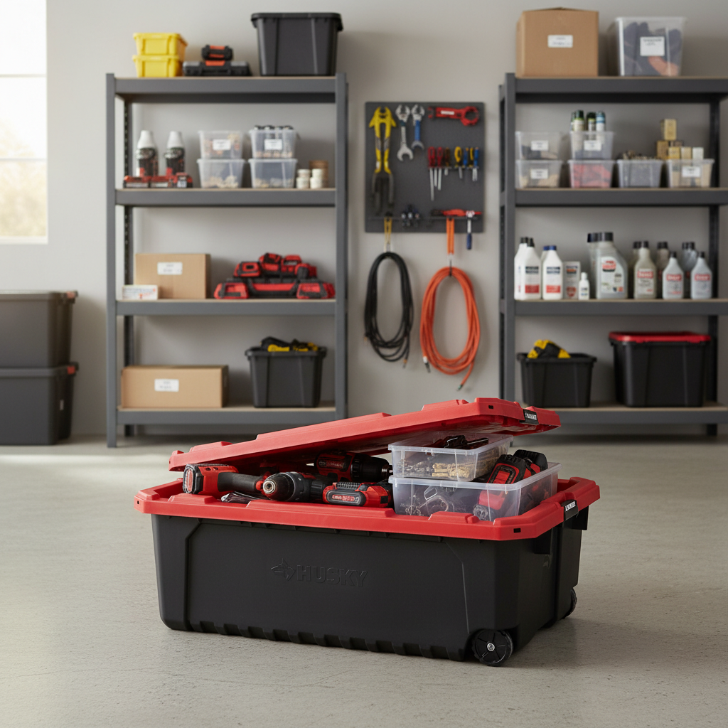 Husky 57 Gal. Pro Grip Storage Tote with Wheels in Black with Red Lid