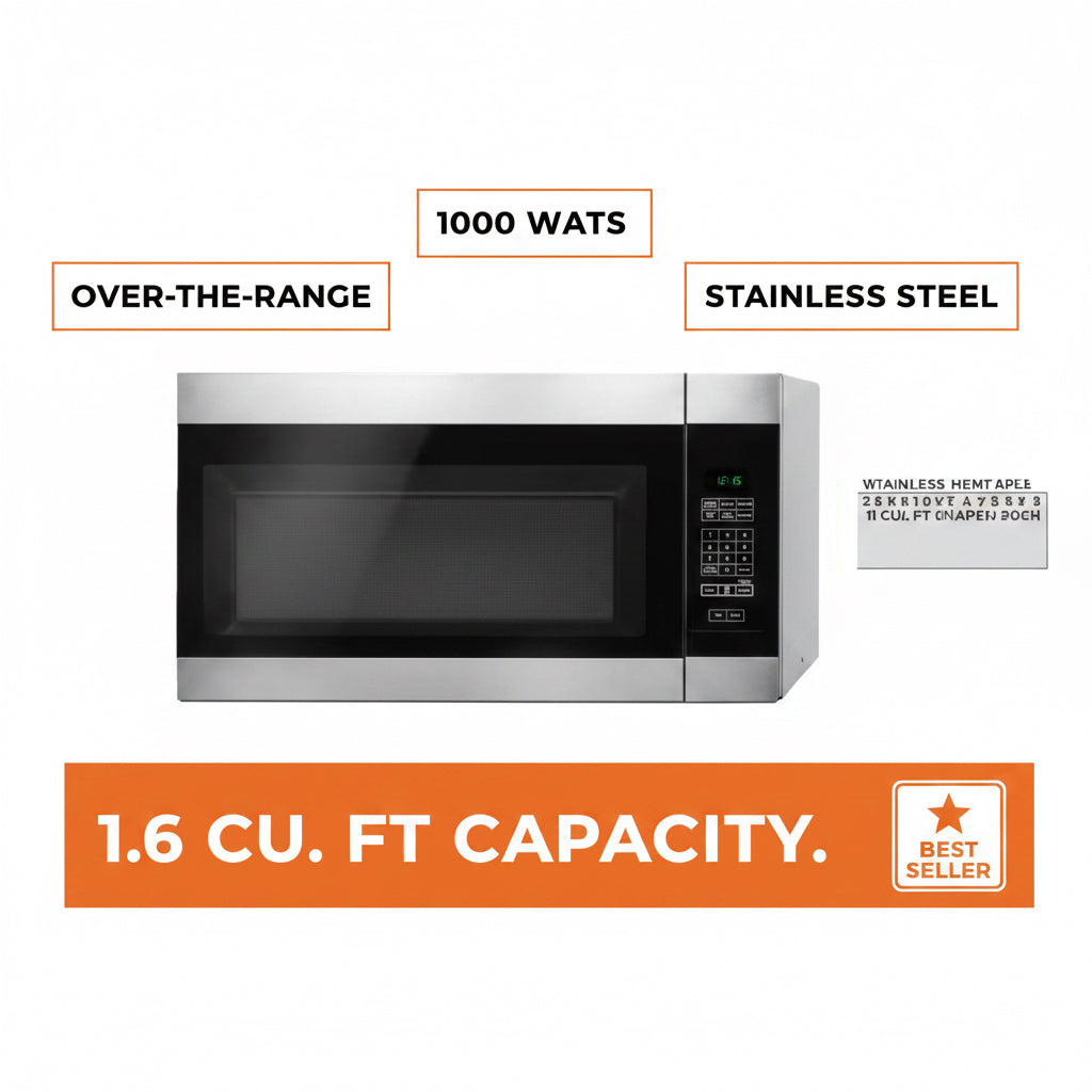 A stainless steel and black microwave oven with a digital control panel on the right side and a white label on the door that reads '1.6 CU.