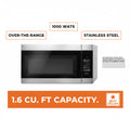 A stainless steel and black microwave oven with a digital control panel on the right side and a white label on the door that reads '1.6 CU.