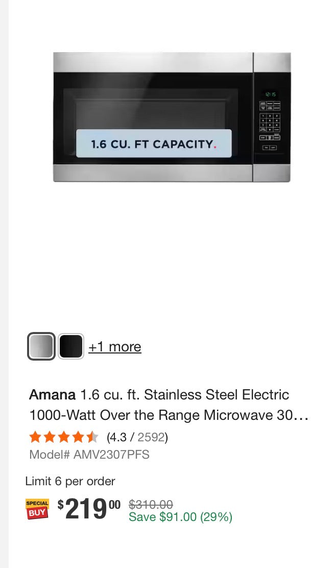 Amana 1.6 cu. ft. Stainless Steel Electric 1000-Watt Over the Range Microwave 300 Exhaust CFM with Add 0:30 Seconds