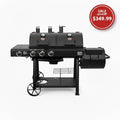 A black dual-burner charcoal grill with a side burner, four control knobs, a lower shelf with a wire rack, and two smoke vents, shown against a plain white background.