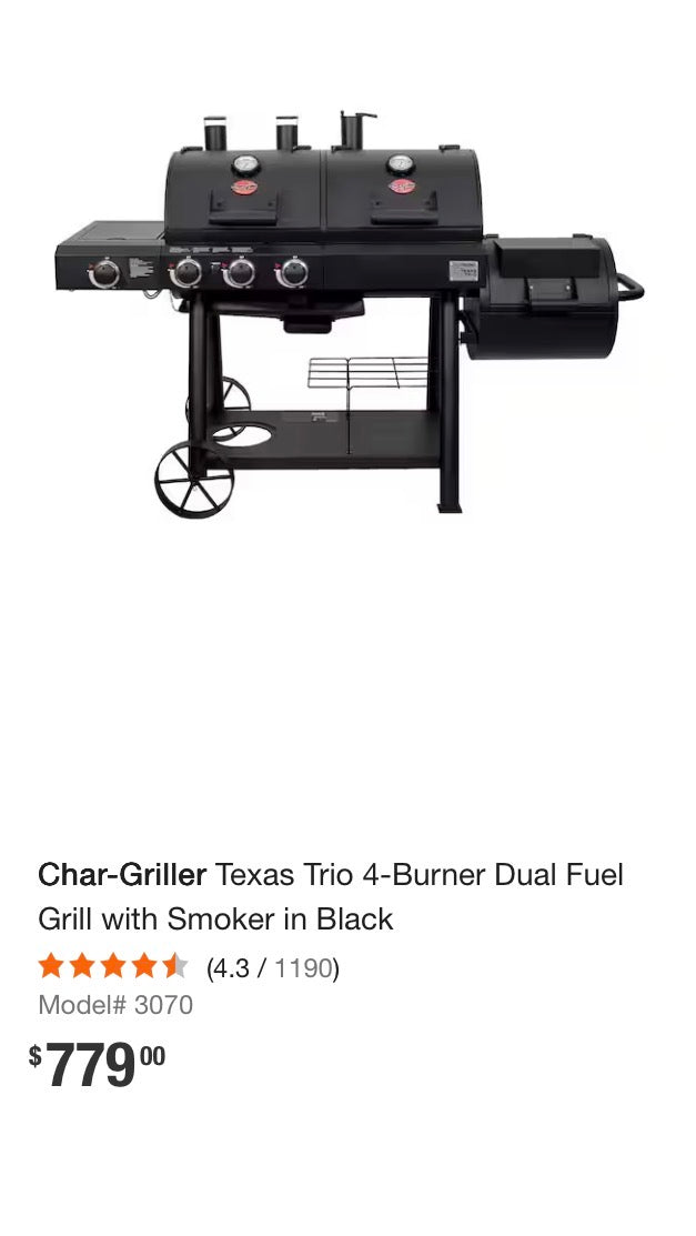 Char-Griller Texas Trio 4-Burner Dual Fuel Grill with Smoker in Black
