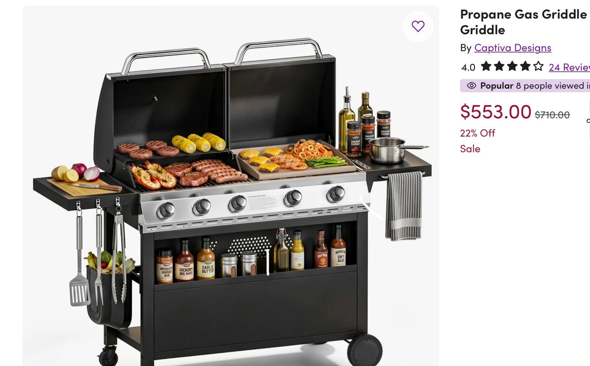 PHI VILLA 5-Burner Propane Gas Grill and Griddle Combo in Black with Cooking Grates and Plate