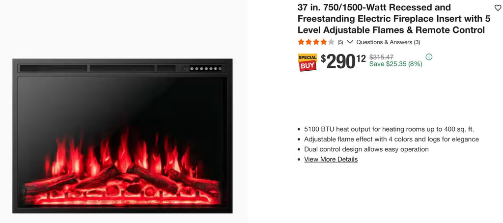 Clihome 37 in. 750/1500-Watt Recessed and Freestanding Electric Fireplace Insert with 5 Level Adjustable Flames & Remote Control