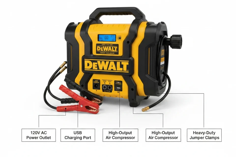 2000-Peak Amp Portable Jump Starter with Digital Compressor, USB and AC Power Bank