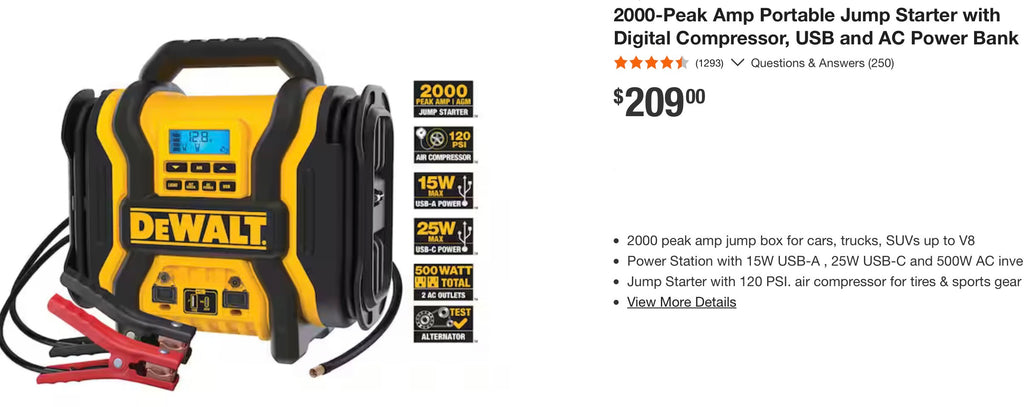 2000-Peak Amp Portable Jump Starter with Digital Compressor, USB and AC Power Bank