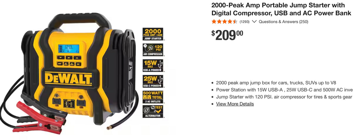 2000-Peak Amp Portable Jump Starter with Digital Compressor, USB and AC Power Bank