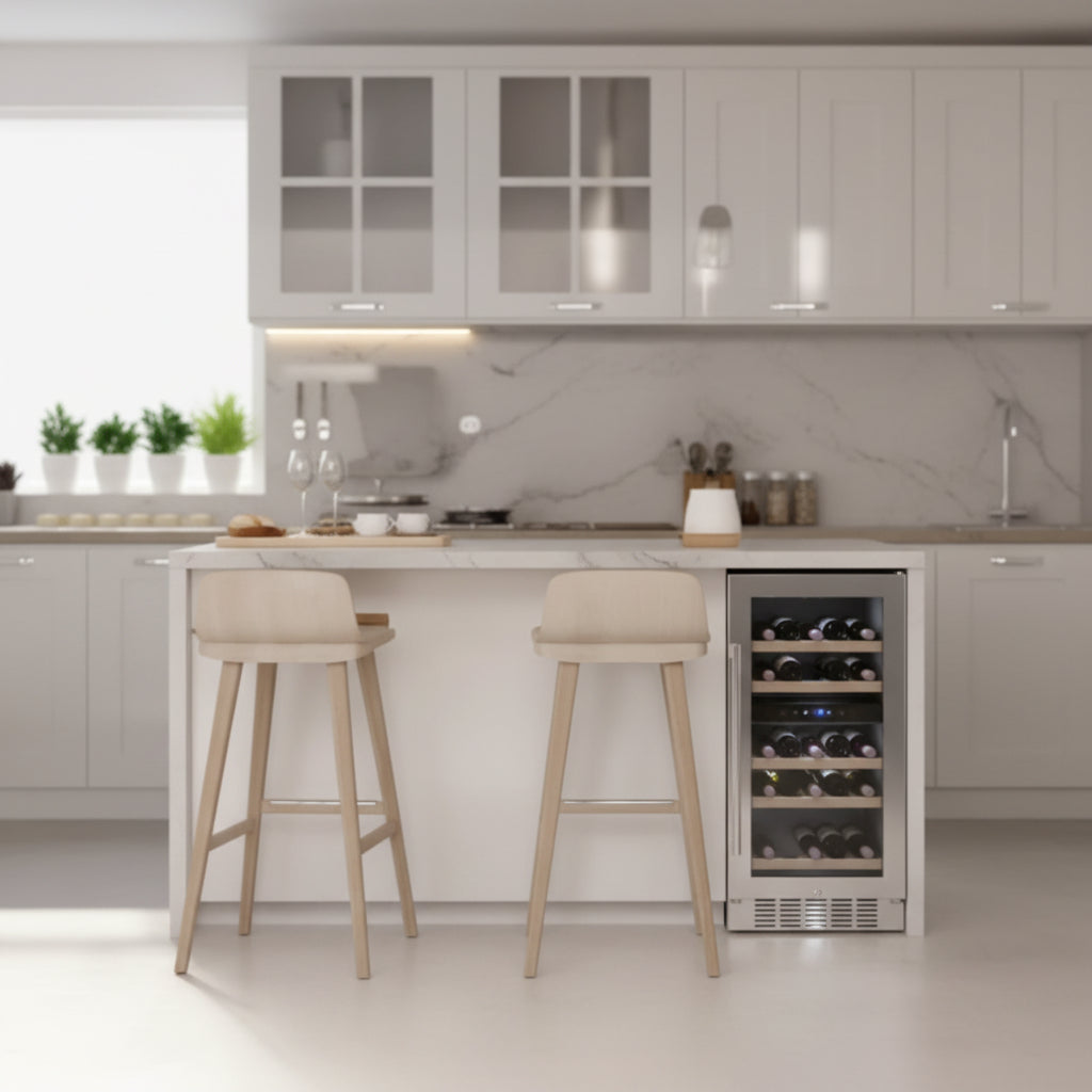 NewAir Dual Zone 29-Bottle Built-In Compressor Wine Cooler Fridge Quiet Operation and Beech Wood Shelves, Stainless Steel