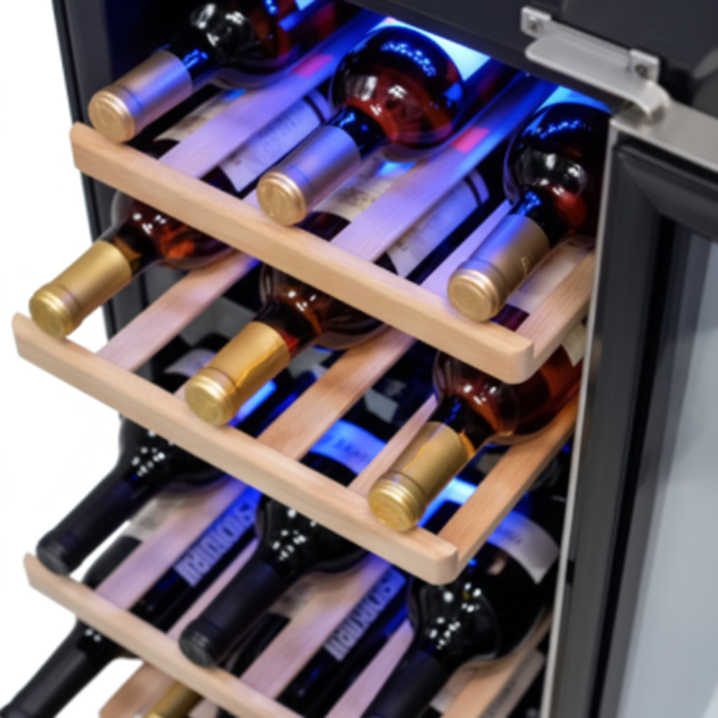 NewAir Dual Zone 29-Bottle Built-In Compressor Wine Cooler Fridge Quiet Operation and Beech Wood Shelves, Stainless Steel