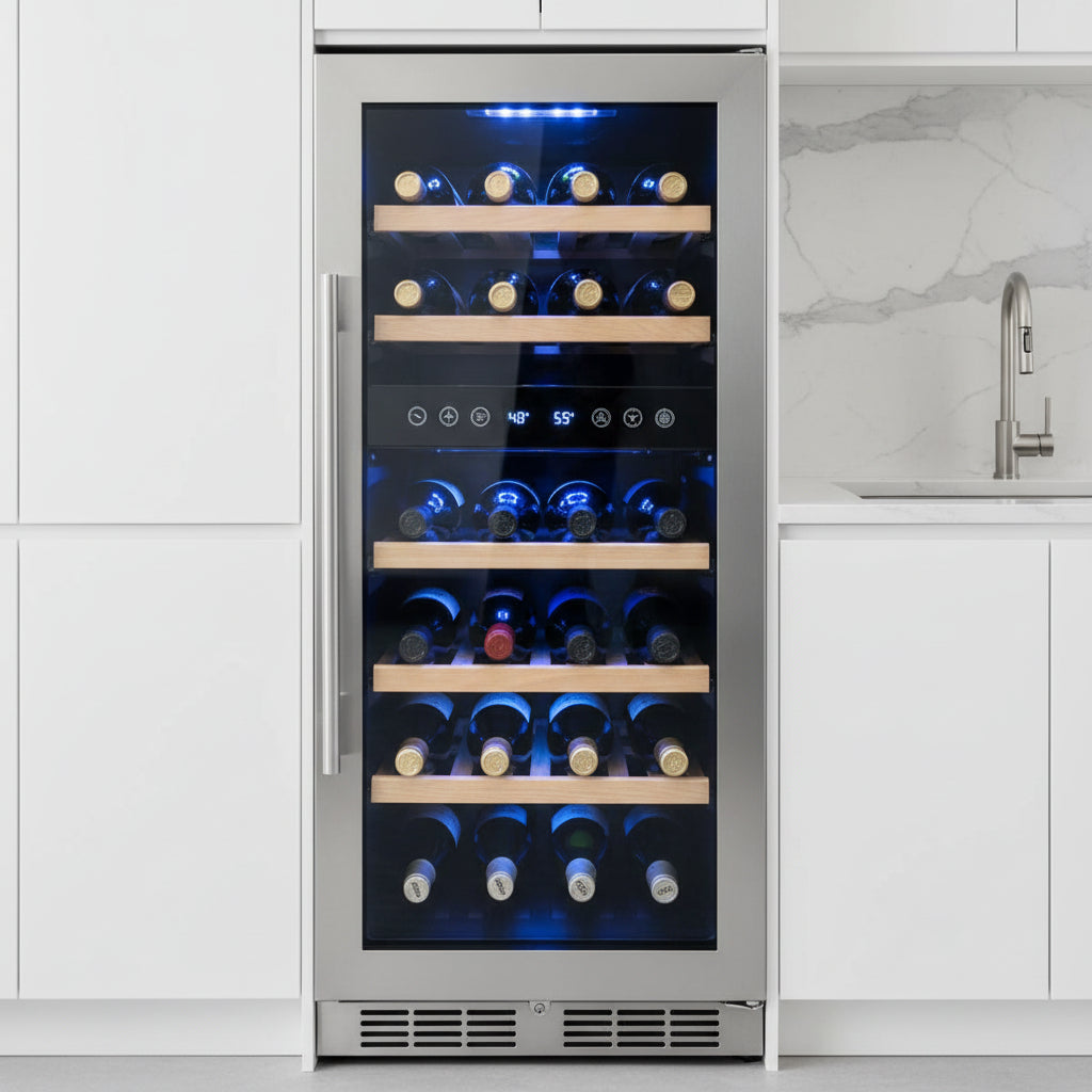 NewAir Dual Zone 29-Bottle Built-In Compressor Wine Cooler Fridge Quiet Operation and Beech Wood Shelves, Stainless Steel