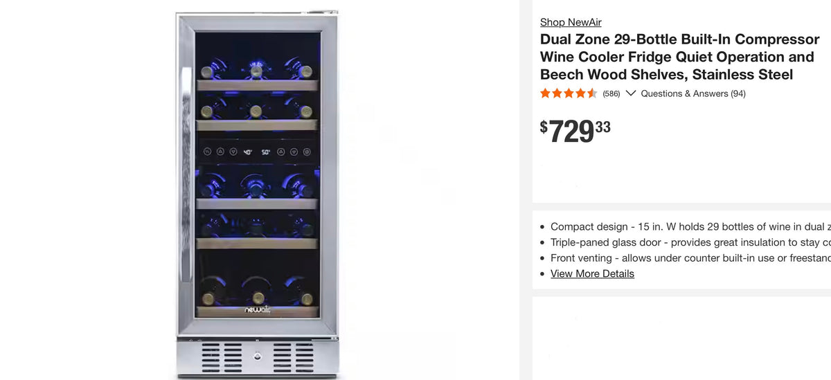 NewAir Dual Zone 29-Bottle Built-In Compressor Wine Cooler Fridge Quiet Operation and Beech Wood Shelves, Stainless Steel