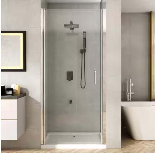 32 to 33-1/4 in. W x 72 in. H Pivot Swing Frameless Shower Door in Chrome with Clear Glass