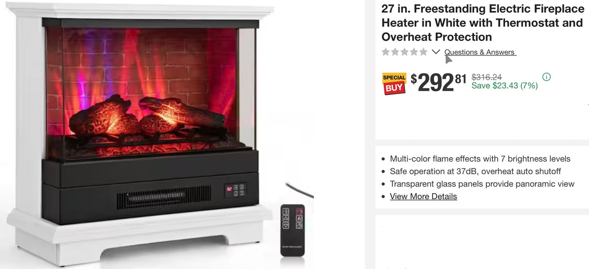 Clihome 27 in. Freestanding Electric Fireplace Heater in White with Thermostat and Overheat Protection