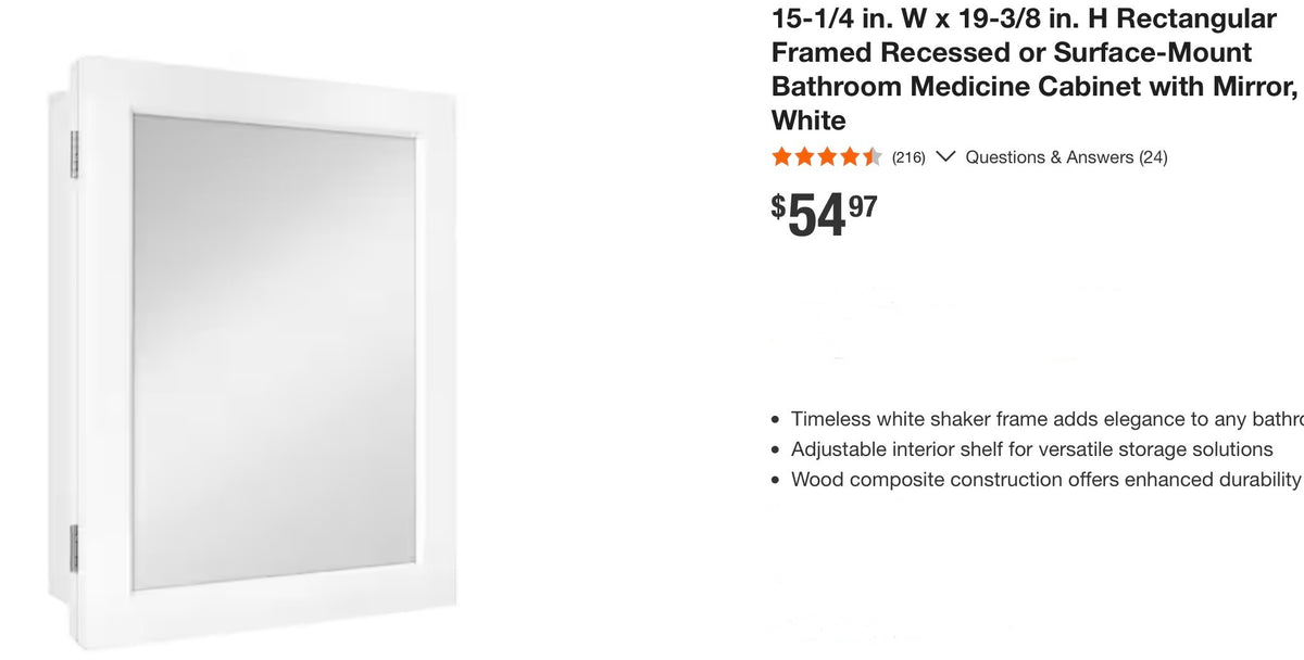 Glacier Bay 15-1/4 in. W x 19-3/8 in. H Rectangular Framed Recessed or Surface-Mount Bathroom Medicine Cabinet with Mirror, White