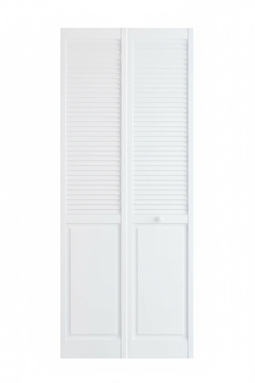 30 in. x 80 in. Louver/Panel Solid Core White Painted Pine Wood Bi-fold Door with Hardware