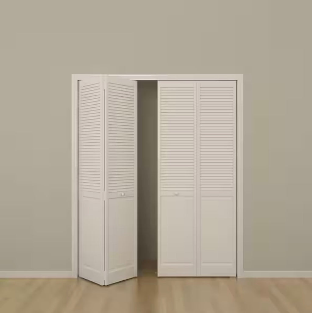 30 in. x 80 in. Louver/Panel Solid Core White Painted Pine Wood Bi-fold Door with Hardware