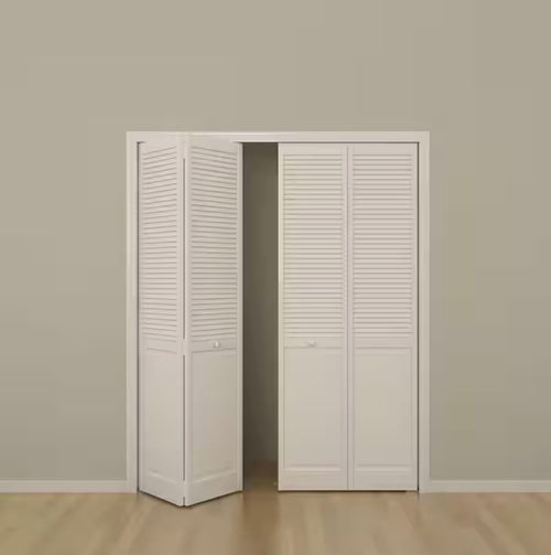 30 in. x 80 in. Louver/Panel Solid Core White Painted Pine Wood Bi-fold Door with Hardware