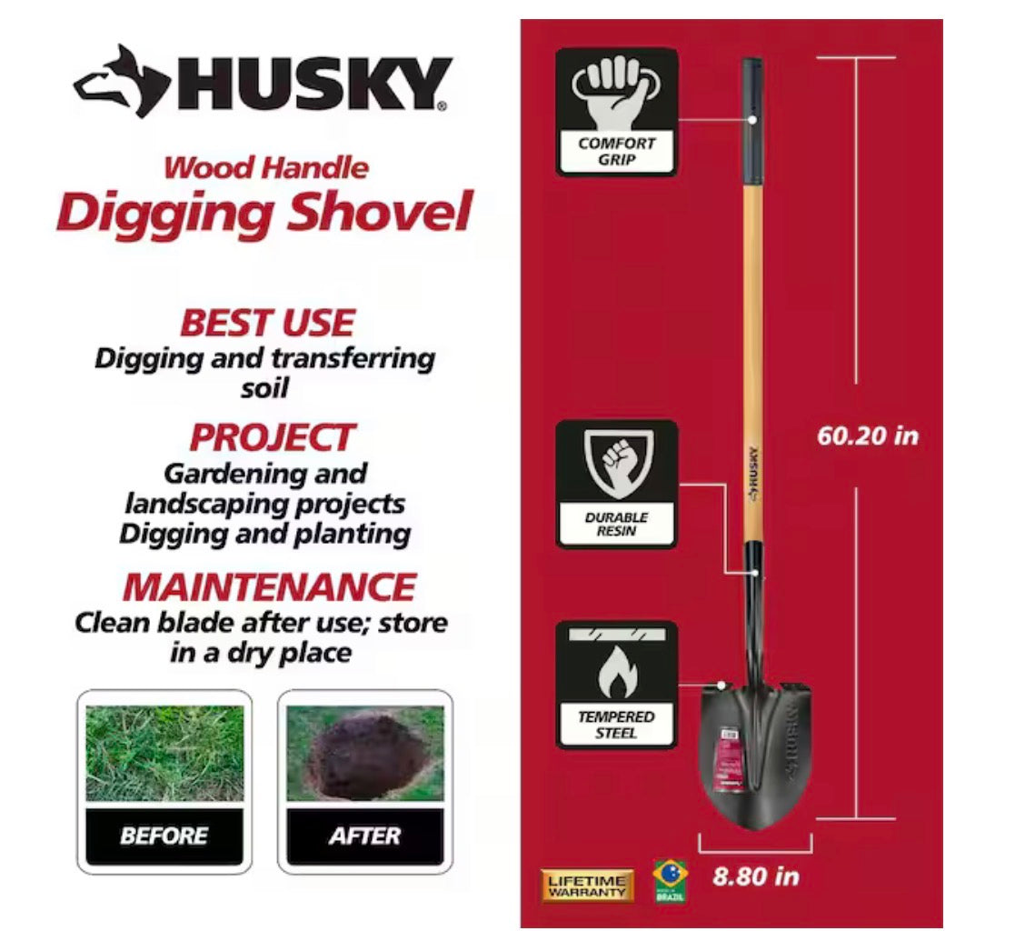 47 in. L Wood Handle Carbon Steel Digging Shovel with Grip