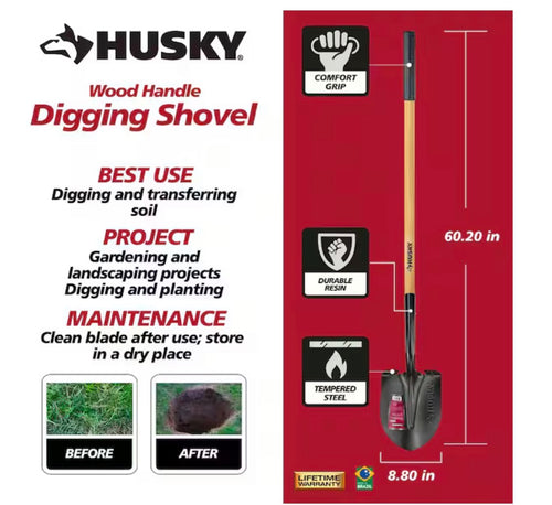 47 in. L Wood Handle Carbon Steel Digging Shovel with Grip