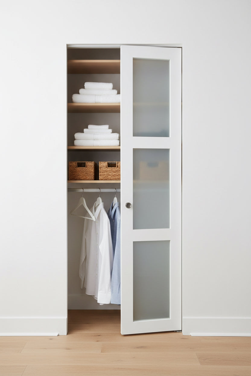 GOLDENPOLEY 30 in. x 78 in. 3-Lite Frosted Glass Solid Core White Finished MDF Closet Bi-Fold Door with Hardware Kit