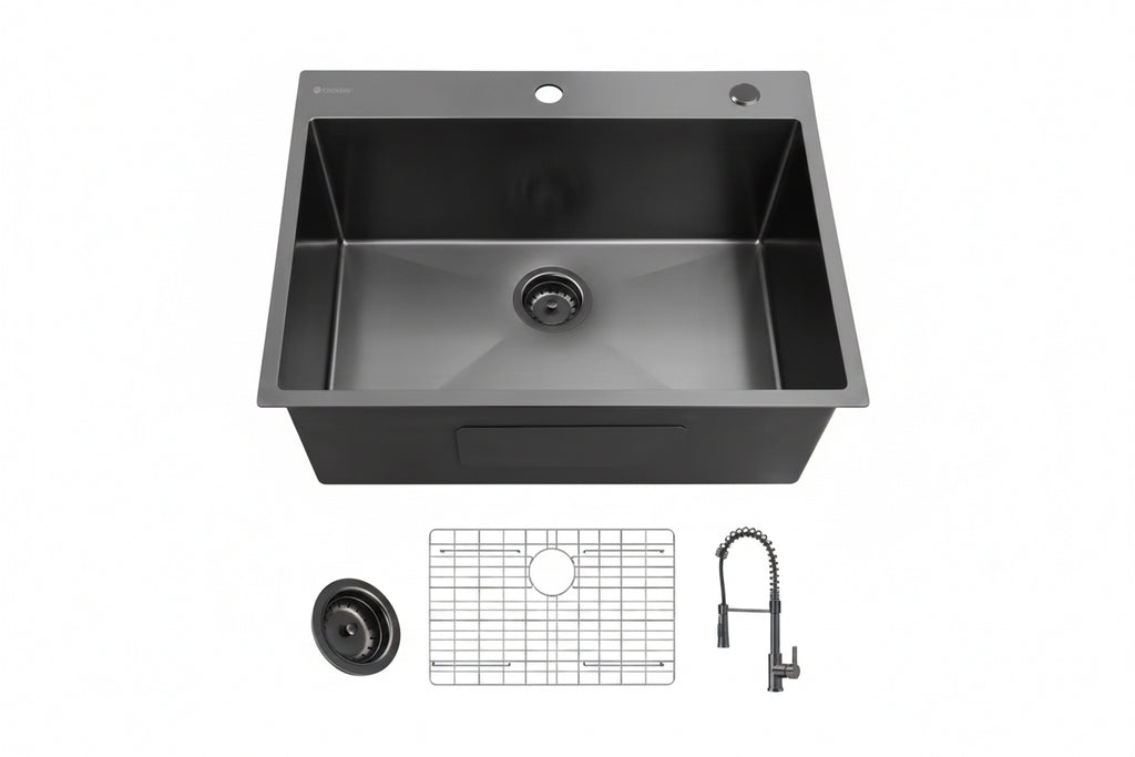 Glacier Bay 30 in. Drop-In Single Bowl 18 Gauge Gunmetal Black Stainless Steel Kitchen Sink with Black Spring Neck Faucet