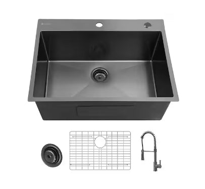 Glacier Bay 30 in. Drop-In Single Bowl 18 Gauge Gunmetal Black Stainless Steel Kitchen Sink with Black Spring Neck Faucet