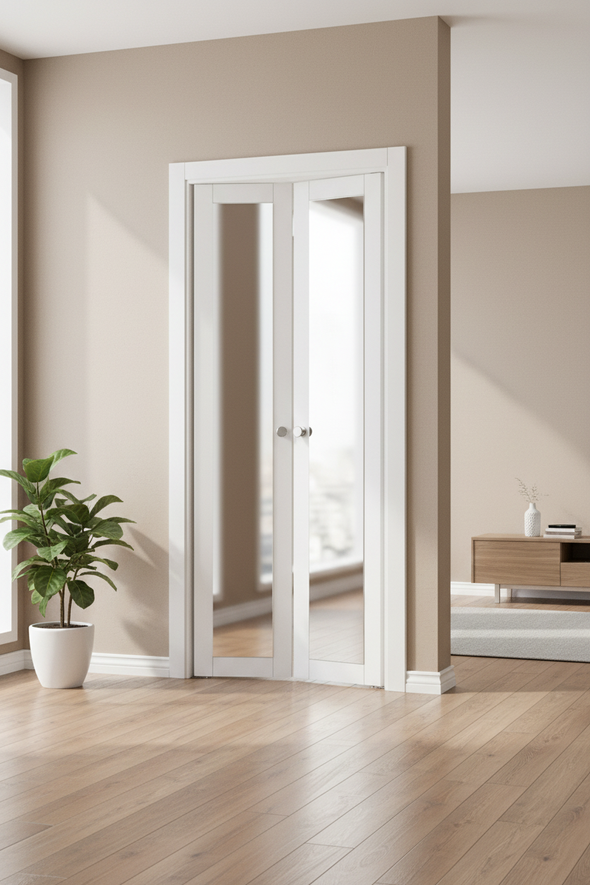 ARK DESIGN 30 in. x 80 in. Mirrored Glass Solid Core MDF Bi-fold Door Plus French Style Pivot Hardware (1-Lite White Finish)