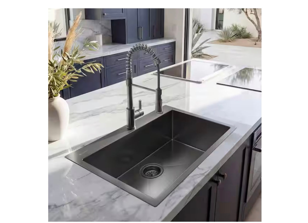 Glacier Bay 30 in. Drop-In Single Bowl 18 Gauge Gunmetal Black Stainless Steel Kitchen Sink with Black Spring Neck Faucet