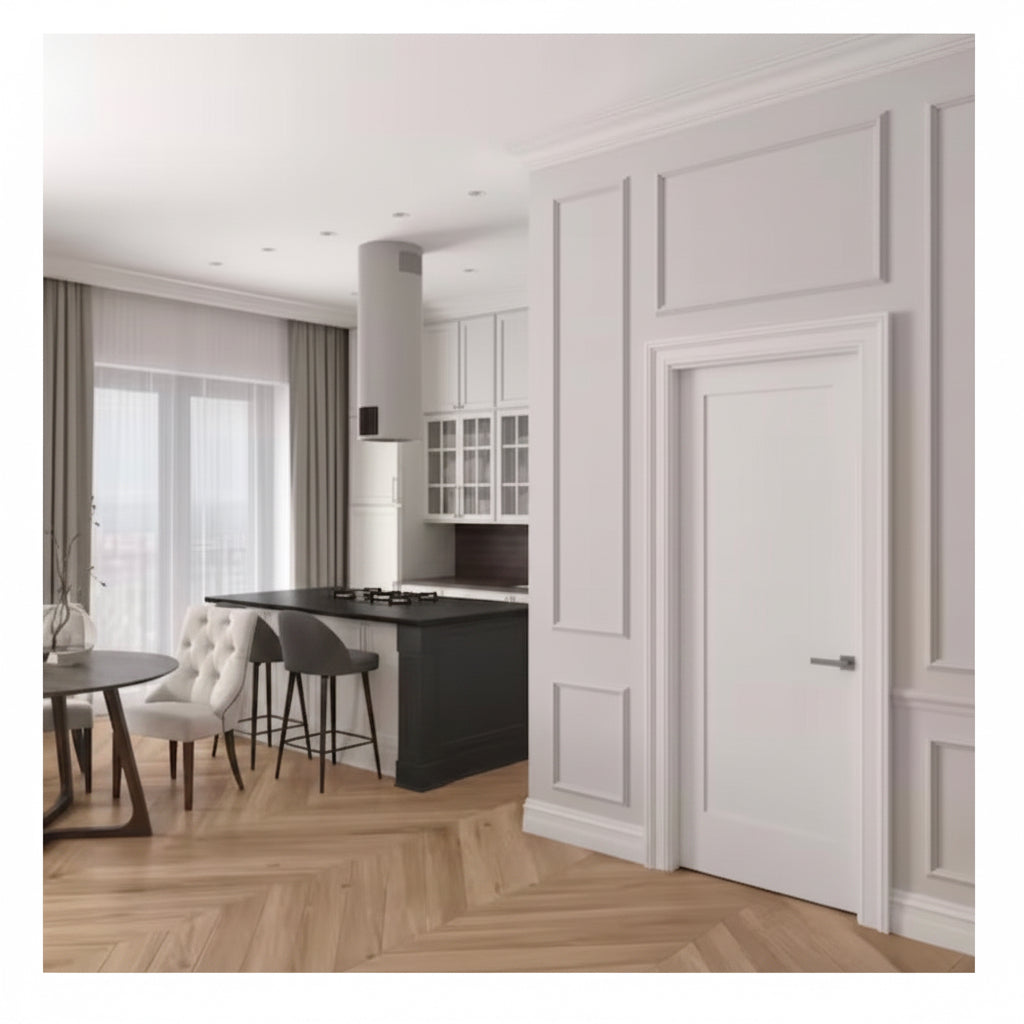 30 in. x 80 in. Left-Handed Solid Core White Primed Smooth Composite Single Prehung Interior Door Satin Nickel Hinges